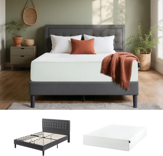 Zinus 12-Inch Green Tea Memory Foam Mattress - Medium Firm | Dachelle Upholstered Bed Frame, Queen, Dark Grey