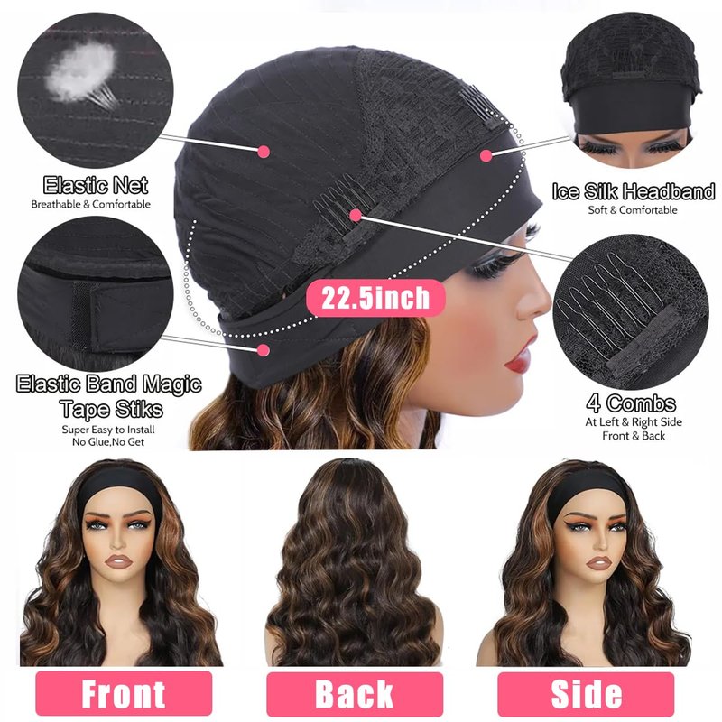 Hertune Highlight Ombre Headband Wig Human Hair 4/27 Highlight Body Wave Wigs Human Hair for Black Women Wear and Go Glueless None Lace Front Wigs Brazilian Virgin Headband Wig Human Hair 12 Inch