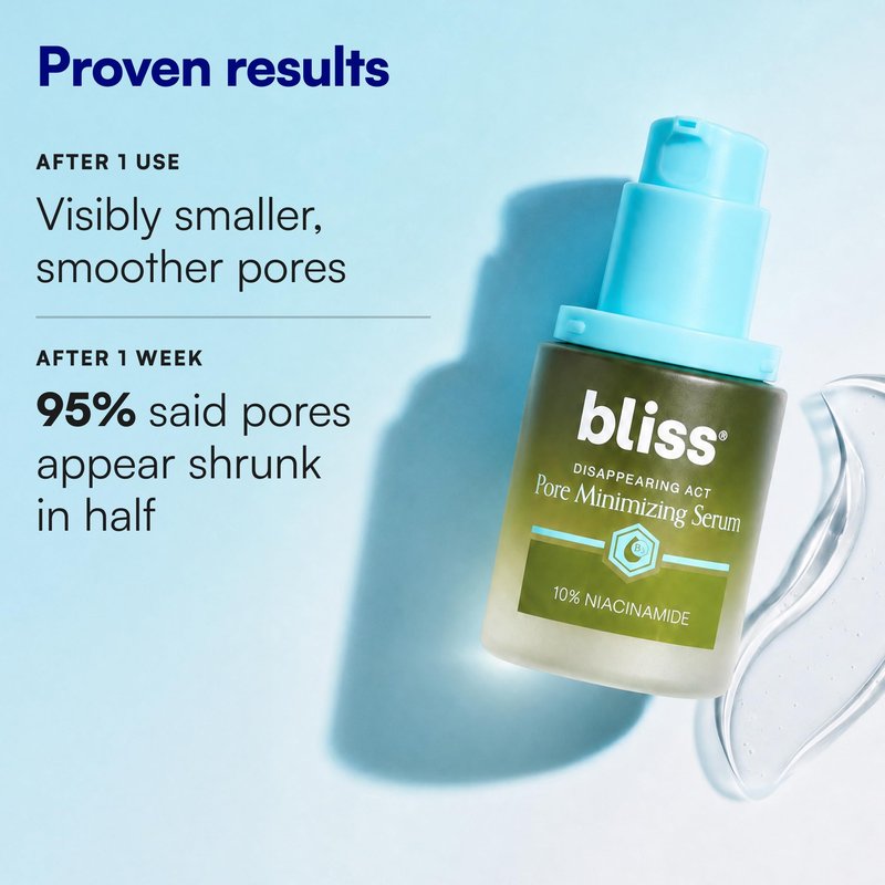 Bliss Disappearing Act Pore-Minimizing Serum – Niacinamide + Pore Vanish Complex with Green Tea – Refines Pores, Controls Oil & Targets Dark Spots for Smooth Glass Skin – 1 Fl Oz
