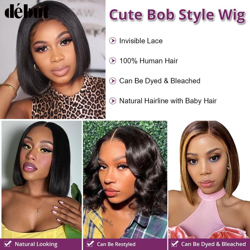 DÉBUT Human Hair Bob Wig 13x4x1 T Part Lace Front Wigs Short Bob 8 Inches Middle Part Wigs Brazilian Virgin Straight Hair Natural Color for Black Women