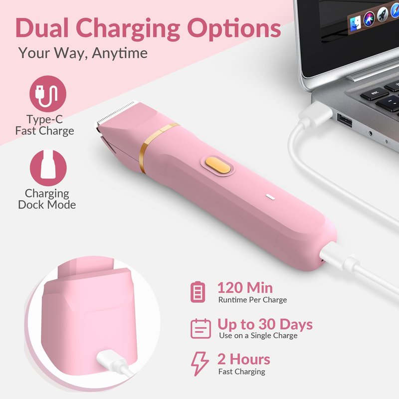 KINGTEE 5-in-1 Electric Bikini Trimmer for Women – IPX7 Waterproof Shaver, Cordless Body & Facial Razors for Women, Ceramic Blades, USB-C Rechargeable, Painless Hair Removal Kit (Pink)