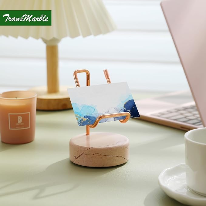 TransMarble Marble Phone Stand with Metal Holder, Charging Available While Using, Swipe Up to Unlock, Made of Natural Marble as Business Card Holder for Office Desk (Rose Pink + Rose Gold)