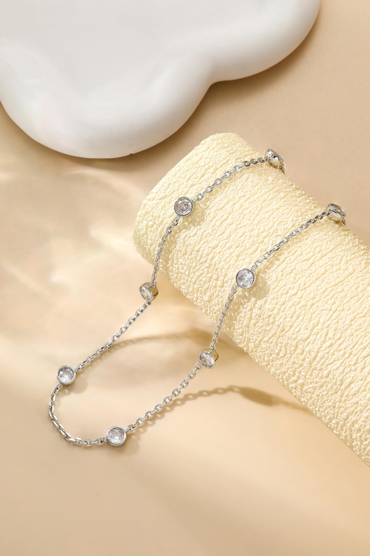 LecAit Silver Station Necklace for Women | CZ Diamond Choker Necklaces Gold | Simulated Diamond BTY Necklace | Silver Cubic Zirconia Chain Choker Necklaces for Women
