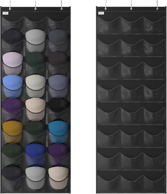 Unjumbly Baseball Hat Rack - 24 Pocket Over-The-Door Organizer with Clear Pockets | Black