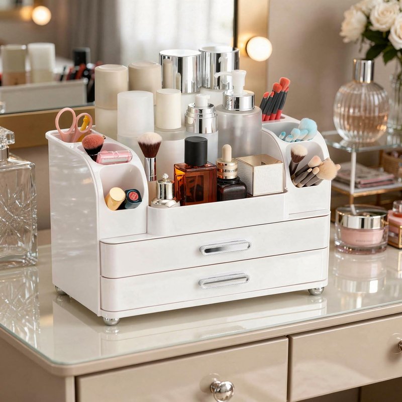 Dozesheep Large Makeup Organizer Countertop with Drawers, Make Up Organizer for Vanity, Makeup Storage Organizer Countertop Makeup Organizers for Skincare, All White