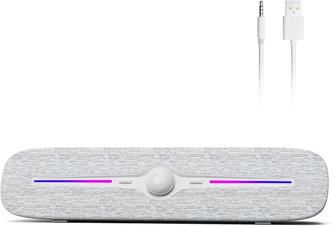 SOULION Computer Speakers for Desktop, USB Powered Bluetooth PC Speaker with Led Light, 3.5mm Aux Soundbar with Rotary Volume Control Button for Laptop Monitor White