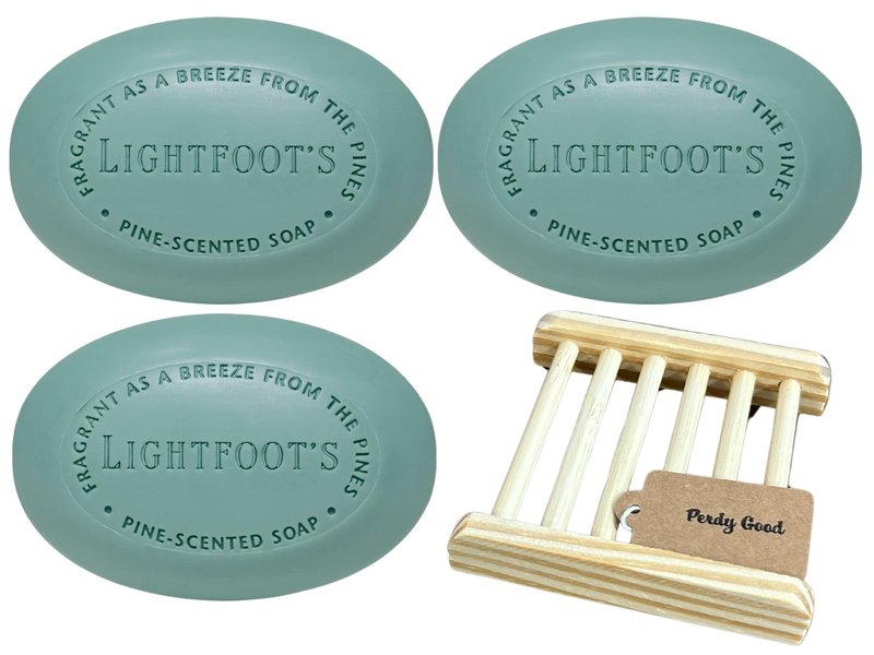 Perdy Good Lightfoot's Pine Soap for Men (3 Bars) All Natural Pine Scented Mens Athletic Soap for Body or Hands and One (1) Bamboo Holder