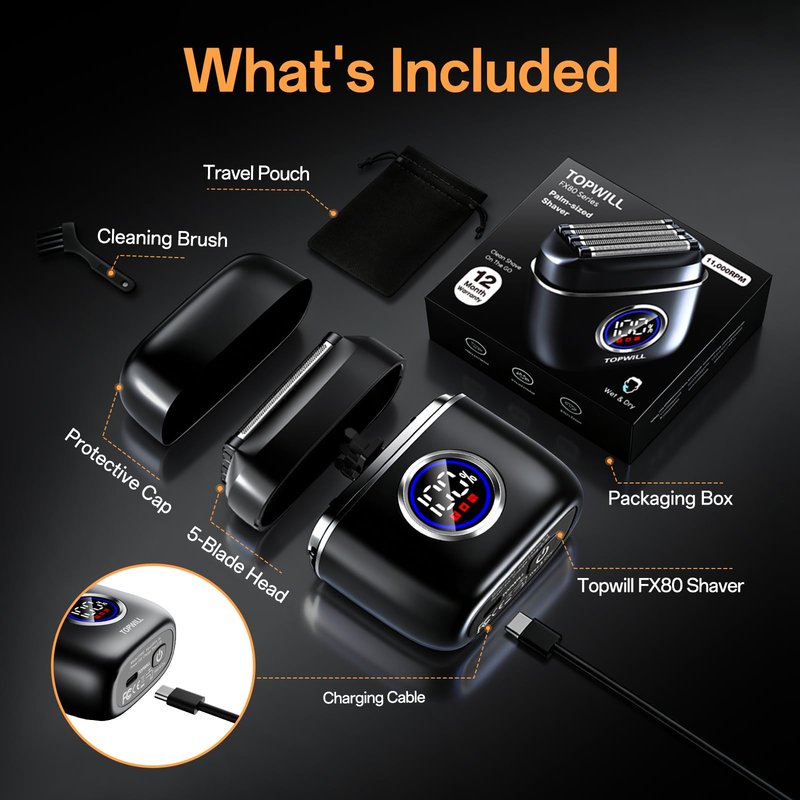 Electric Razor for Travel Men – 5 Blade Portable Foil Shaver with High-Speed Motor for Beard & Mustache Close Shave, Waterproof Wet/Dry Use, Mini Cordless USB-C Rechargeable, Black