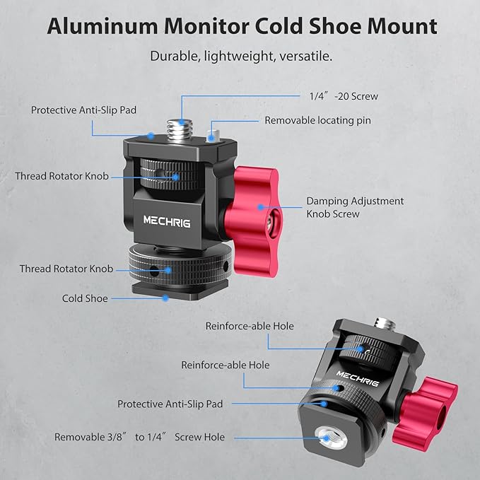 Mechrig Mini Camera Monitor Mount with Cold Shoe, Aluminum Field Monitor Mount with 1/4″ Screw for LED Light Mic Cage, Cold Shoe Adapter 360° Swivel & 180° Tilt Damping (with Knob 63142)