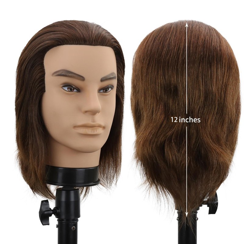 Male Mannequin Head Men Mannequin Head Human Hair Hairdresser Manikin Head Barber Mannequin Head Male Training Doll Head for Hair Styling and Practice （Dark Brown)