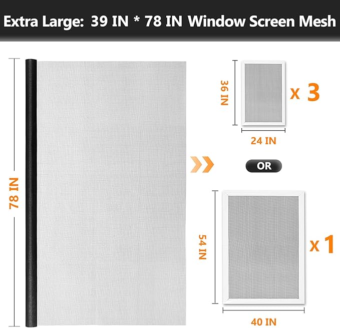 Secopad Window Screen Door Repair Kit, 39" x 78" Screen Door Mesh Replacement Kit, Durable Fiberglass Mesh Roll with Tools for Windows Doors Patio and Porch Replacement, Black