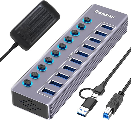 Tccmebius Powered 10-Port USB 3.0 Hub, USB C to 10 Ports USB Data Hub Splitter with Individual LED On/Off Switche, 3.3FT Cable, 12V/3A Power Adapter, for Laptop MacBook Pro/Air PC (Aluminum Gary)