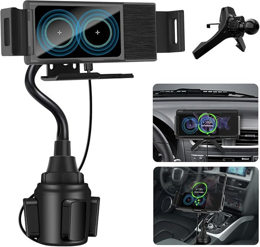 YUPENLAI Wireless Car Charger for Z Fold 6/5/4/3, Dual Coil Cup Holder Phone Mount for Tesla, Fast Charging Auto Clamping Auto Rotation 90° Air Vent Mount for iPhone 16/15/14/13/12 Serie