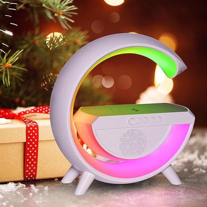 Pxujoqecg Table Lamp with Bluetooth Speaker, G Bedside Light with 15W Wireless Charger, Atmosphere Lighting with Alarm Clock, RGB Bedside Nightstand Table, Hi-Fi Sound, Time Display