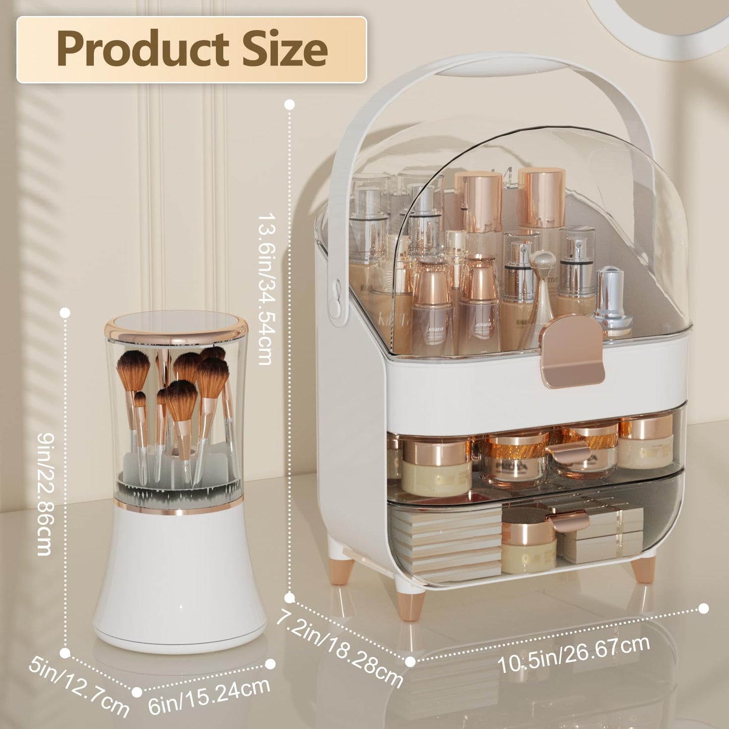 CLBDRESS Makeup Organizer Countertop & Makeup Brush Holder with Lid 360 Rotating Clear Dustproof Skincare Holder for Vanity Bathroom Countertop, Ideal Gifts for Women, Transparent, Silver