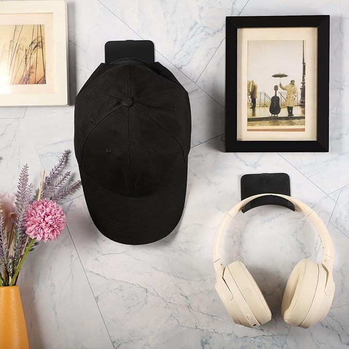 Wonderjune 12 Pcs Headphone Wall Hangers Adhesive Gaming Headset Holder Hooks for Wall Mount Strong Universal Stand Hooks for Most Headphone Controller, Hat, Baseball Caps, Door, Closet (Black)