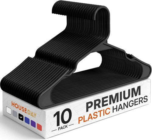 HOUSE DAY Premium Plastic Hangers - Heavy Duty Space-Saving Clothes Hangers | 10 Pack in Black