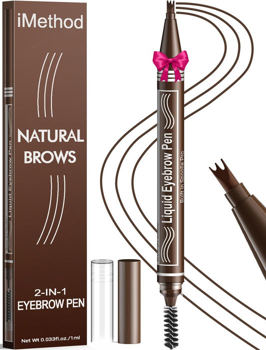 iMethod Microblading Eyebrow Pen - Eyebrow Pencil 2-in-1 Dual-Ended Eye Brow Pencils for Women with 3-Fork-Tip and Spoolie Brush Create Natural Hair-Like Defined Brows, Last All-Day, Dark Brown