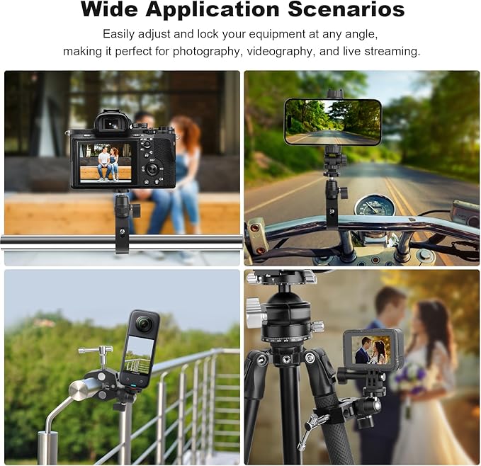 Mechrig Super Clamp Camera Mount with 360° Mini Ball Head, Aluminum Desk Tube Crab Clamp for Monitor/Light/Mic, Bike/Motorcycle Handlebar Mount for Go Pro/Insta360/DJI Action Camera (SY012)