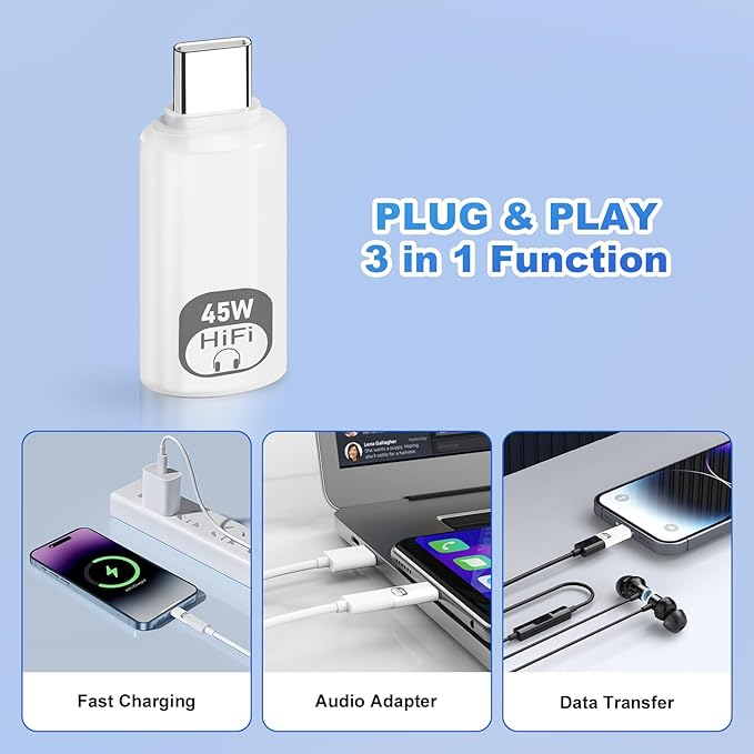 JBJBBG USB C to Lightning Headphone Audio Adapter, 3-in-1 Type C Male to Female Lightning Earphone Converter with Charge/Data Transfer,Compatible with iPhone 16/15 Plus/Pro/Max, iPad Pro/Air 6/5/4