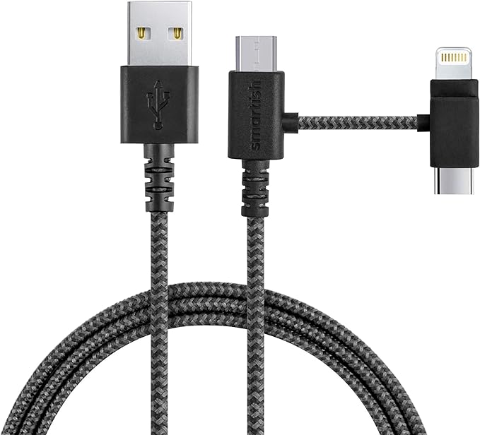 Smartish USB-C/Lightning Cable 17/16/16e/15/14 - Crown Joule - 6Foot Universal Fast Fabric Wrapped Charging Cable w/Micro-USB - MFi Certified 13/12/SE/iPad/AirPods/Android - Black