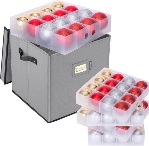 BALEINE Christmas Ornament Storage Box - Premium Holiday Container with Dividers for 64 Balls | Grey