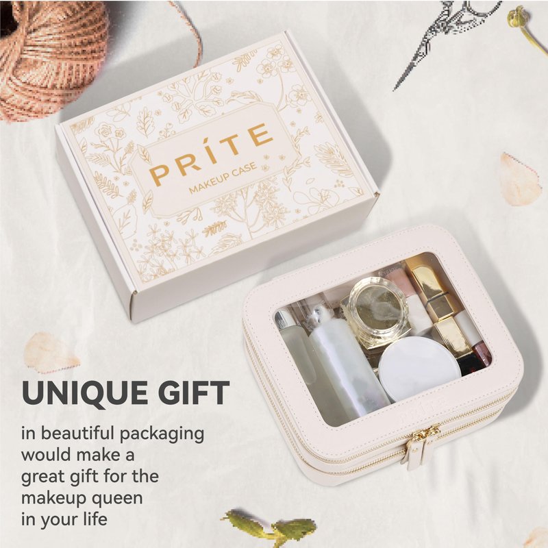 Prite Double Layer Makeup Bag for Women Portable Clear Makeup Bag Cute Waterproof Travel Cosmetic Bag with Gold Zipper for Car Essentials(Beige)