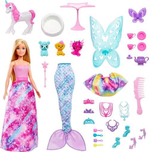 Barbie Dreamtopia Advent Calendar - Fantasy-Themed with 24 Daily Surprises & Toys, Includes Fashion Doll, Pets, Clothes & Accessories