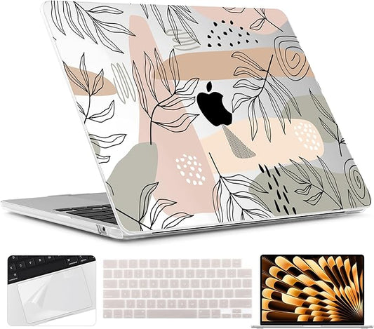 TWOLSKOO for MacBook Air 15 inch Case 2025 2024 2023 Release M4 A3241 M3 A3114 M2 A2941, Plastic Hard Shell & Screen Protector & Keyboard Cover & Trackpad Film, Tropical Leaves