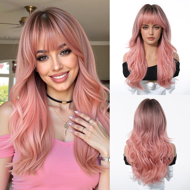 Osicapea Ombre Pink Wigs with Bangs for Women, Natural Wavy Curly Hair Woman Heat Resistant Synthetic Wig 22 Inch Long Wig for Women's Cosplay Costume Party Daily Use