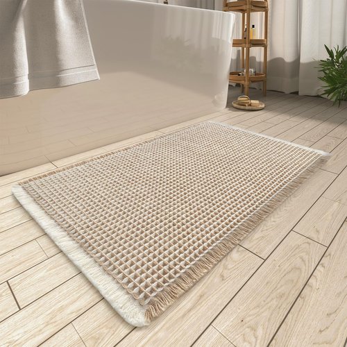 AMOAMI Upgraded Waffle Bath Mat, Super Absorbent Non Slip Bath Mats for Bathroom Floor, Machine Washable Bathroom Rugs with Tassels, Rubber Backed Bathroom Mats, Ultra Soft, 18" x 30",Brown & Cream