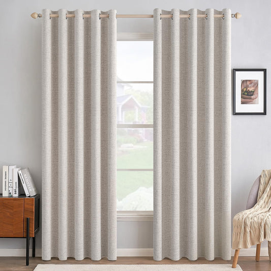 MIULEE 100% Blackout Linen Textured Curtains - Thermal Insulated Ivory Drapes for Bedroom | 62 x 84 Inch (2 Panels)