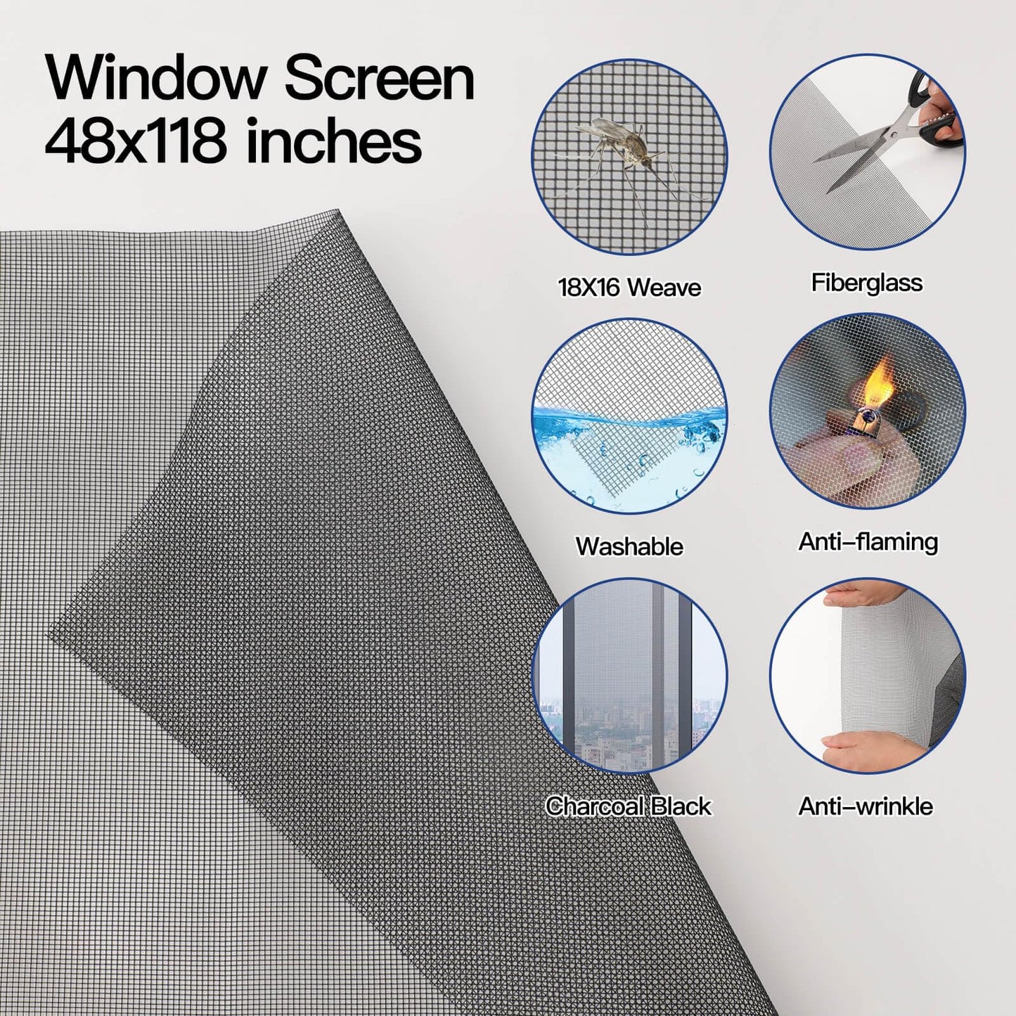 Window Screen Door Repair Kit Include Window Screens Mesh 48"x118" with All Tools in Window Screen Replacement(2pcs Screen Rollers, Screen splines, Hook, Utility Knife and Ruler), Yolovit