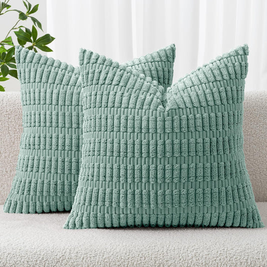 MIULEE Corduroy Throw Pillow Covers - Soft Boho Striped Design | 18x18 Inch Teal Green for Modern Home Decor