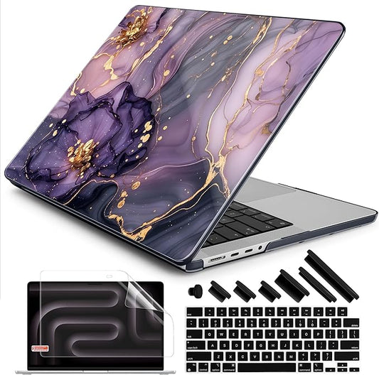 DONGKE Compatible with MacBook Pro 16 Inch Case (2026-2021 Release, M5 M4 M3 M2 M1 Pro/Max Chip), Plastic Hard Shell Cover with Keyboard Cover & Screen Protector for MacBook Pro 16", Marble & Flower