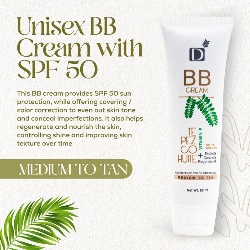 Unisex BB Cream with SPF 50, 3-in-1 Protection, Coverage & Regenerating properties 88ml - Natural ingredients - Tepezcohuite, chamomile, licorice (Medium-Tan) - Eco-Friendly, UNISEX,