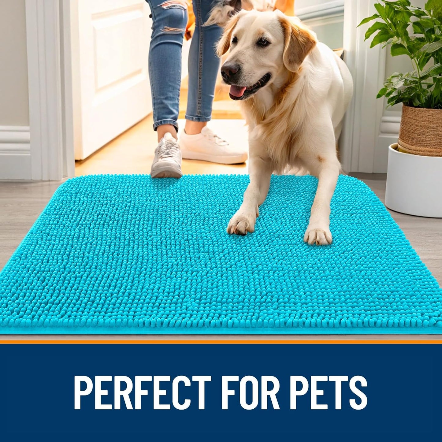 OLANLY Dog Door Mat - Absorbent Non-Slip Mud Mat for Muddy Paws | Quick Dry Chenille, 70x32, Aqua Blue