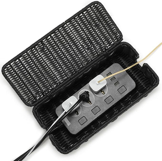Delamu Handwoven Rattan Small Cable Management Box, Cord Organizer with 2 Open Slots, Desk Cord Hider Box for Computer Router USB Hub Power Strip, 12.5" Lx 5.1" Wx 5.1" H, Black