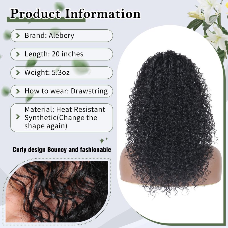 Alebery 20 Inch Drawstring Ponytail Extension for Black Women Deep Curly Ponytail Extension Synthetic Mixed with Human Hair Hairpieces Afro Kinky Curly Pony Tail for Daily Use (Black)