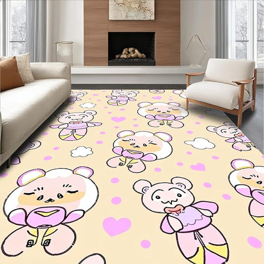 Flatwoven High Traffic Area Rug 5x7, Sweet Bear Balloon Interlocking Dot and Cloud Motif, Non Slip, Stain Resistant, Washable Area Rugs for Living Room, Bedroom (Beige, 5x7)