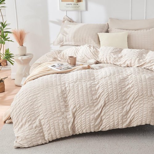 HYMOKEGE King Comforter Set - Beige Oversized 7-Piece Seersucker Luxury Bedding | All-Season Comforter, Sheets & Pillowcases