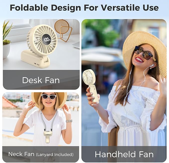 Handheld Fan Foldable, 5000mAh Rechargeable Hand Fans with Powerful Cooling, 4 Speeds, LED Display, Portable Fan for Travel,Concerts,Makeup,Lash,Outdoor Events,Gifts Women
