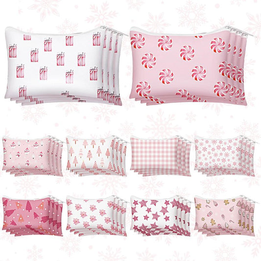 Sunnymove 40 Pcs Pink Christmas Makeup Bags Bulk Gifts for Women Pink Christmas Zipper Pouch Bulk Xmas Trees Snowman Snowflake Purse Cosmetic Gifts Xmas Party Favors for Employee Coworker Nurse Gift