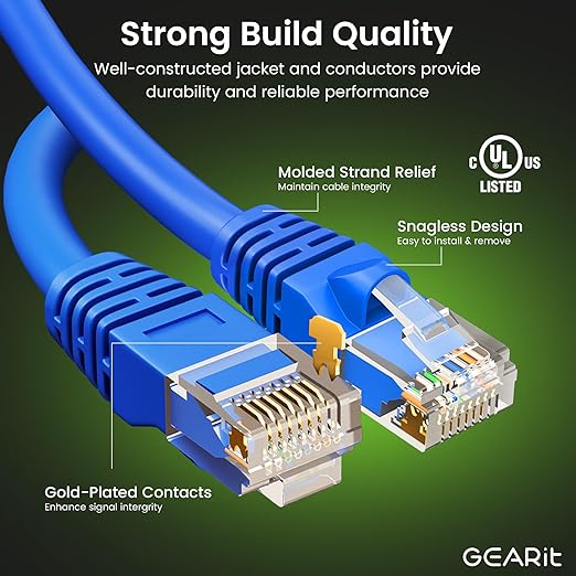 GEARit Cat 6 Ethernet Patch Cable 1.5 ft Blue (24-Pack Cat6 Ethernet Patch Cables 1.5ft), High Speed 24AWG 10Gbps RJ45 Snagless Gold-Plated, Ethernet Cable for Router, Switch, PC, PS5 Gaming, Server