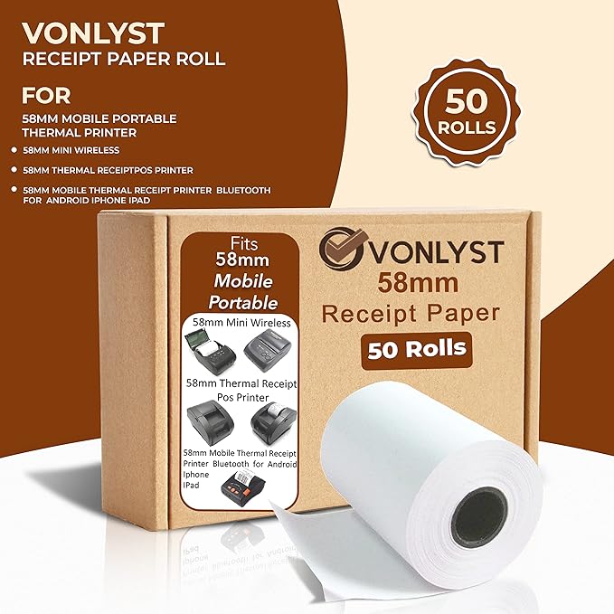 Vonlyst Receipt Paper Roll for 58mm Mobile Portable Thermal Printer (Pack 50 rolls)