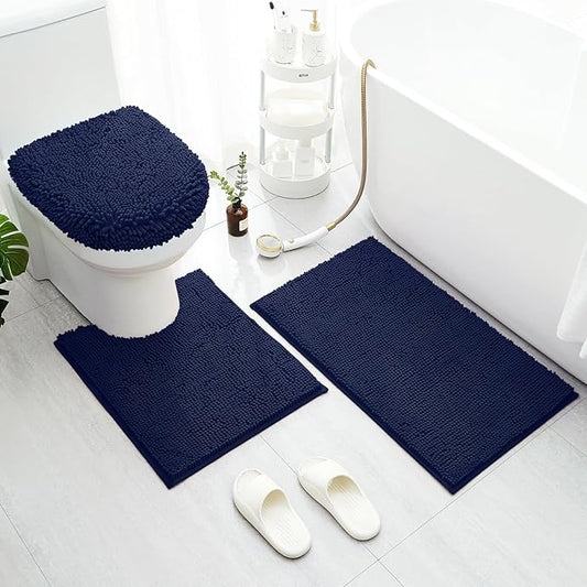 BYSURE Navy Blue Bathroom Rugs Sets 3 Piece with Toilet Lid Cover Non Slip Extra Absorbent Plush Chenille Soft Washable Bath Mats