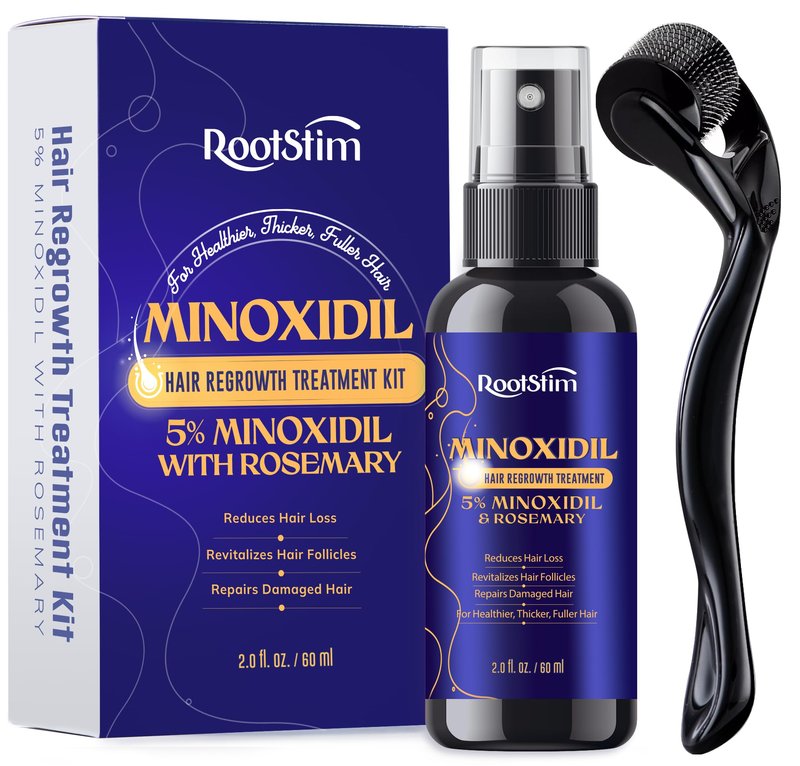 5% Minoxidil Spray + 0.25mm Derma Roller Hair Growth Kit for Men and Women, Hair Regrowth Treatment for Thinning Hairline, Crown & Beard, Rosemary Biotin Formula, 60 mL