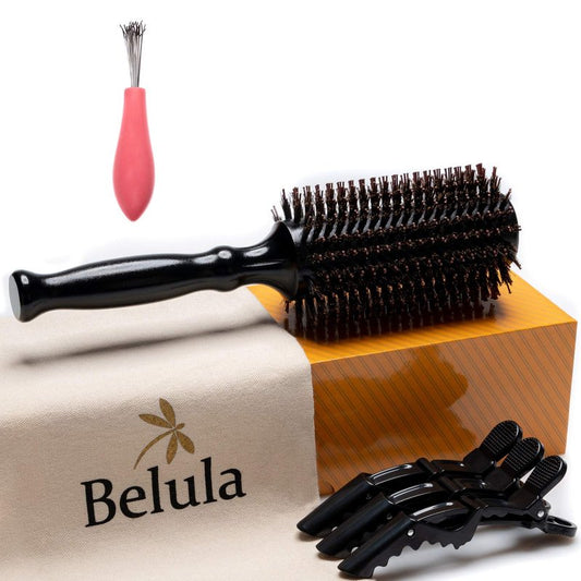 Boar Bristle Round Brush for Blow Out Set by Belula. Round Hair Brush For Blow Drying. Small 2” Wooden Barrel. Hairbrush Ideal to Add Volume and Body. Free 3 x Hair Clips & Travel Bag