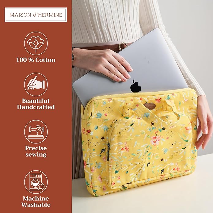 Maison d'Hermine Laptop Bag with Pocket Upto 13.5 inch Stain and Water Repellent Cotton Canvas Spring Summer (Colmar - Yellow)