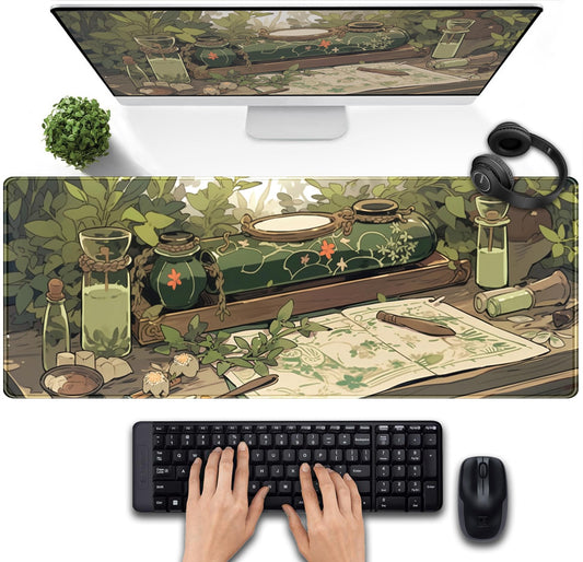 Cute Green Plants Desk Mat Anime Sage Mouse Pad Gaming Desk Pad XL, Kawaii Aesthetic Laptop Computer Keyboard and Mouse Mat, Desktop Decor Accessories Mousepad for Girl Women Office 31.5"x11.8"